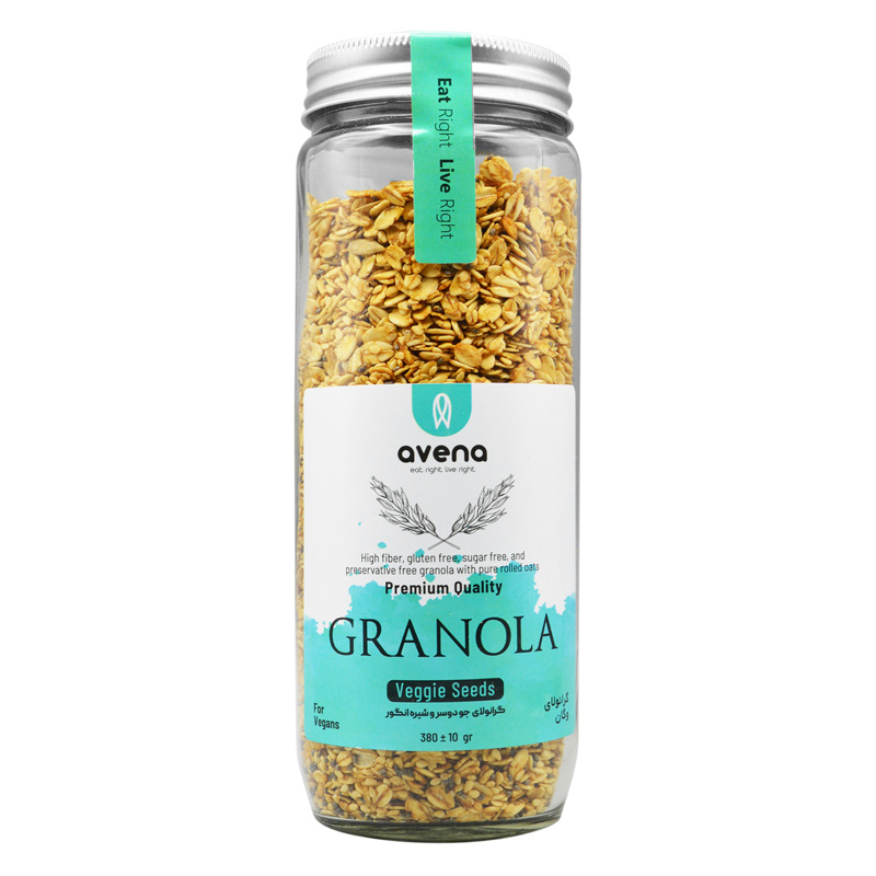 گرانولا شیشه ای وگان اونا طعم جو دوسر وشیره انگور 380 گرمی بدون گلوتن