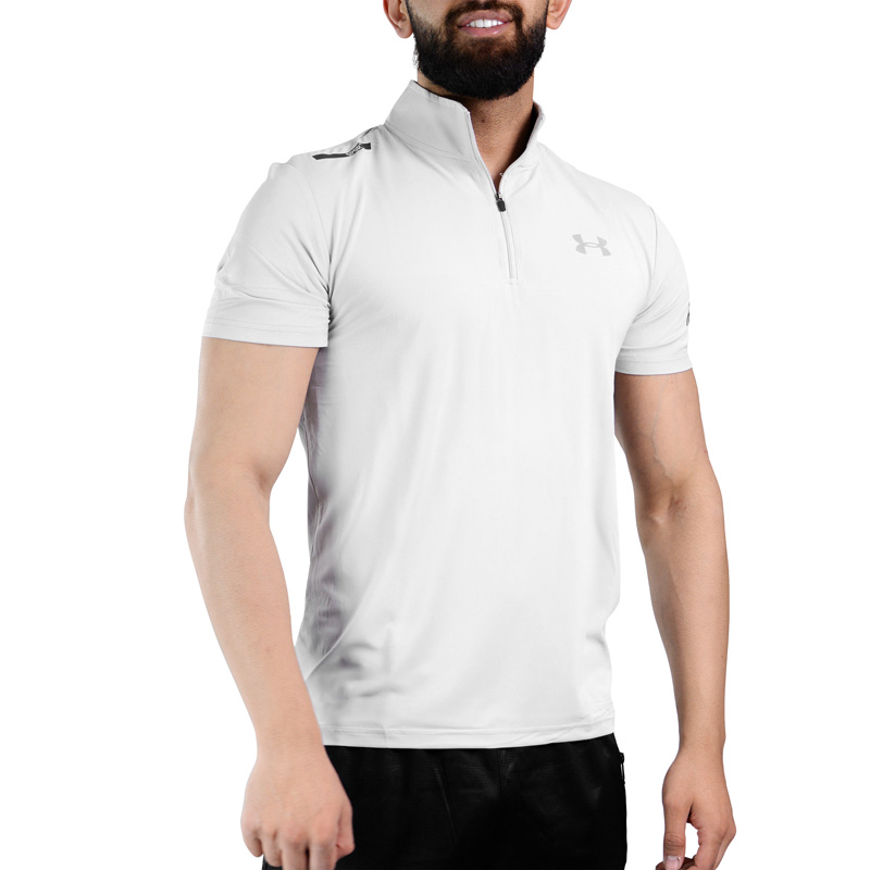 تیشرت نیم زیپ ورزشی مردانه آندر آرمور مدل Run-heat gear-573 طوسی روشن